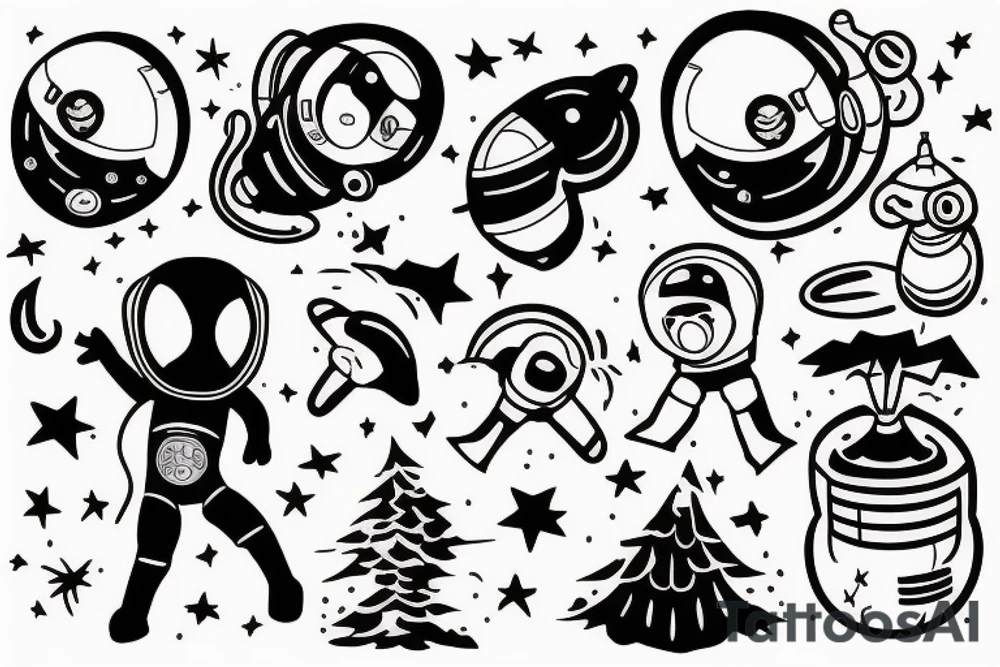 squelette d'un astronaute sous un arbre. tattoo idea