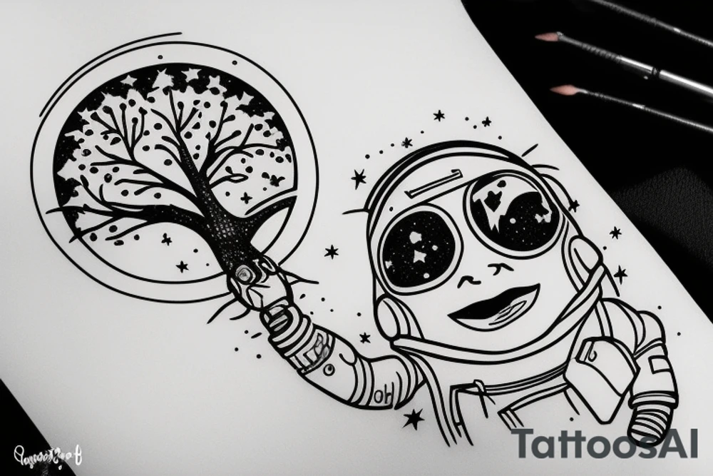 squelette d'un astronaute sous un arbre. tattoo idea
