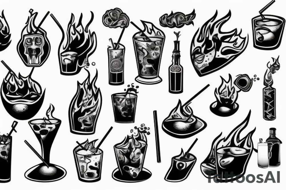 Cocktail Molotov in fire tattoo idea