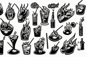 Cocktail Molotov in fire tattoo idea