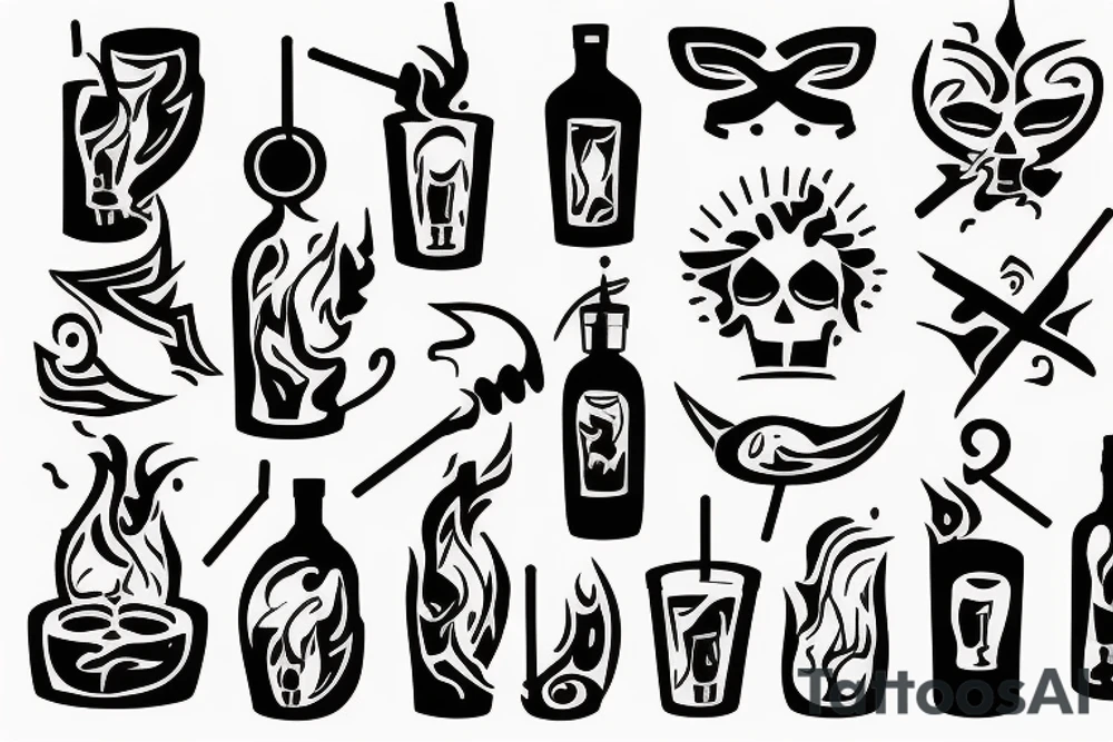 Cocktail Molotov in fire tattoo idea