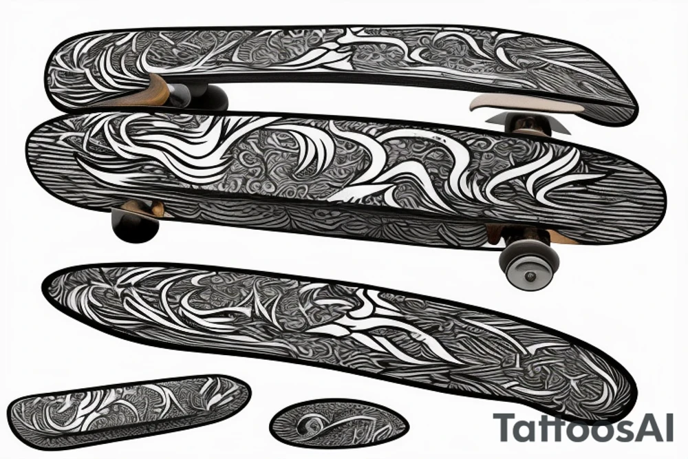 Drawing of a Skateboard with flames tattoo idea