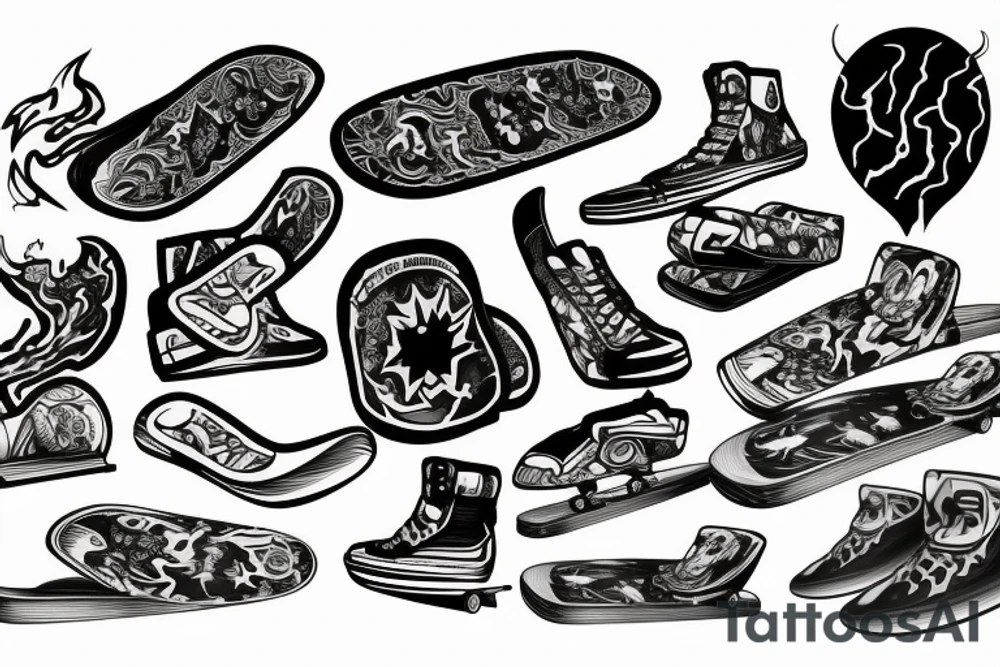 Drawing of a Skateboard with flames tattoo idea