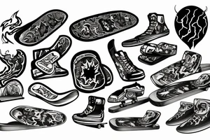 Drawing of a Skateboard with flames tattoo idea
