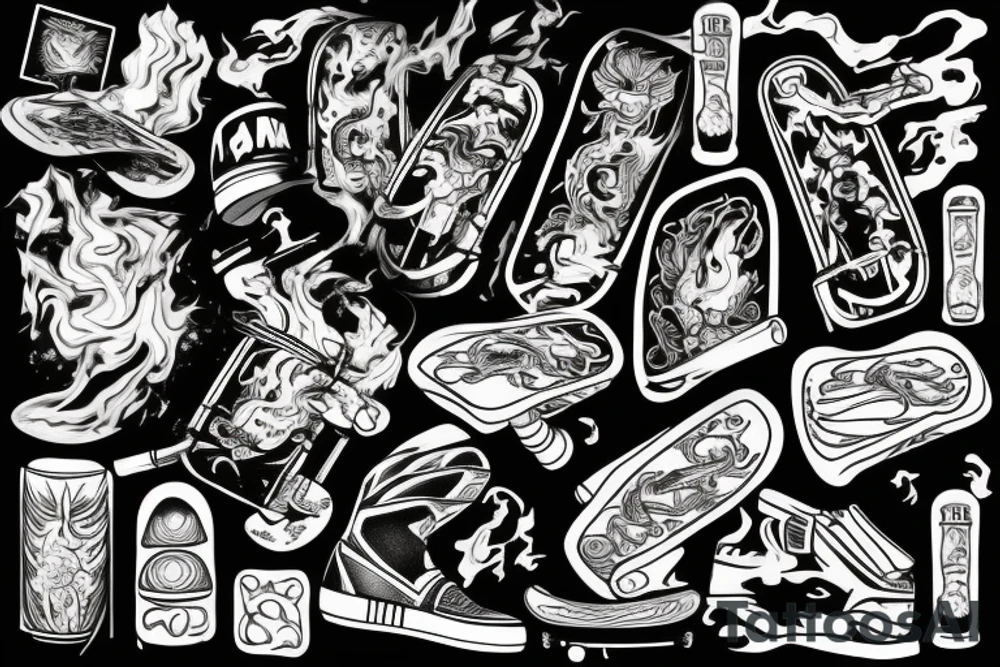 Drawing of a Skateboard in flames tattoo idea