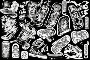 Drawing of a Skateboard in flames tattoo idea