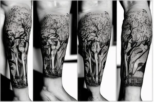 skeleton in astronaut under a tree tattoo idea