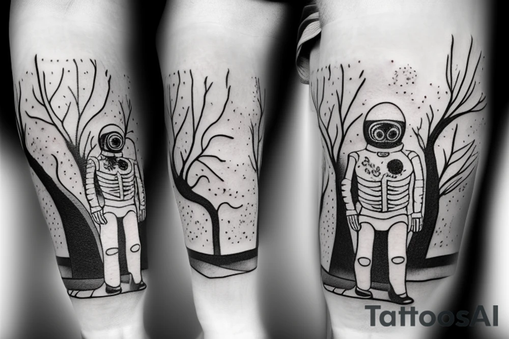 skeleton in astronaut under a tree tattoo idea