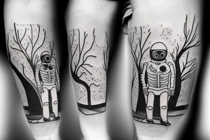 skeleton in astronaut under a tree tattoo idea