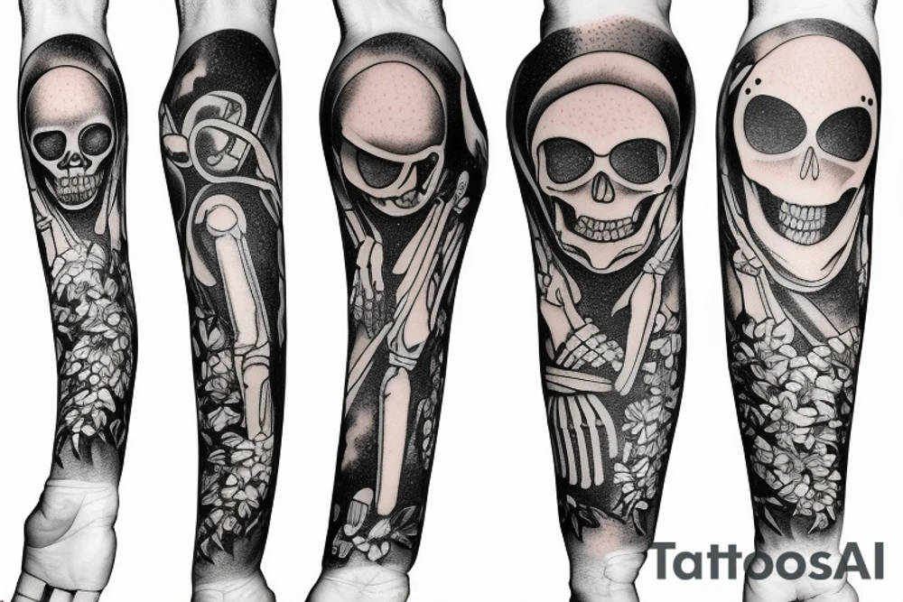 skeleton in astronaut under a tree tattoo idea