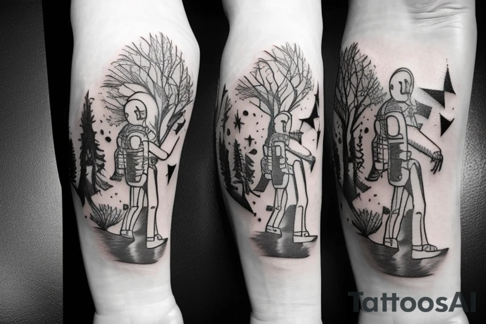 skeleton in astronaut under a tree tattoo idea