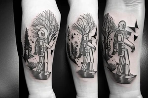skeleton in astronaut under a tree tattoo idea