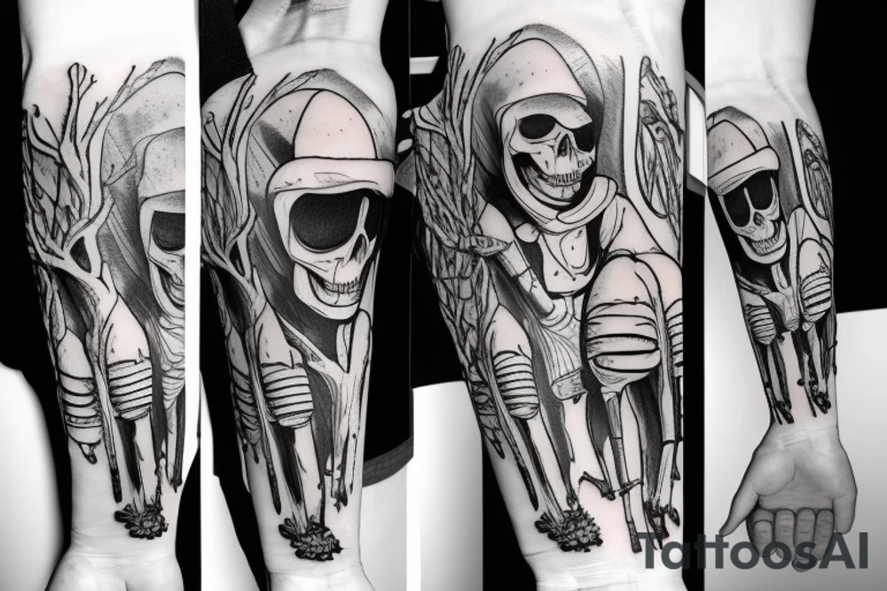 skeleton in astronaut under a tree tattoo idea