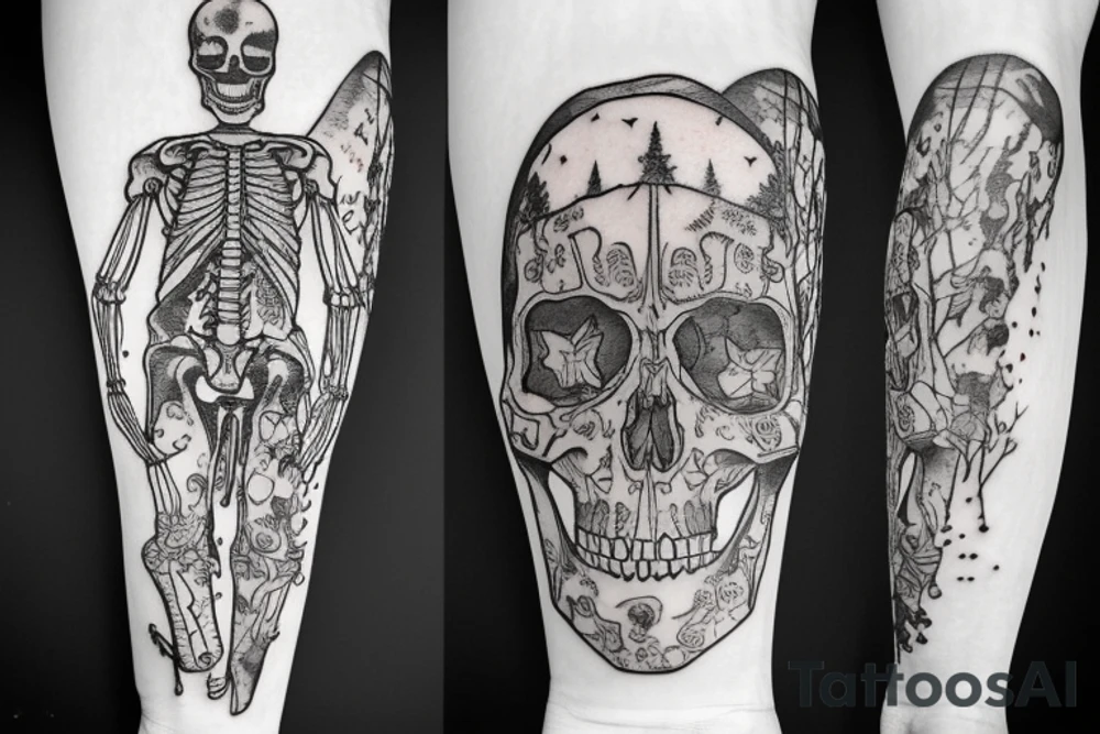 skeleton in astronaut under a tree tattoo idea