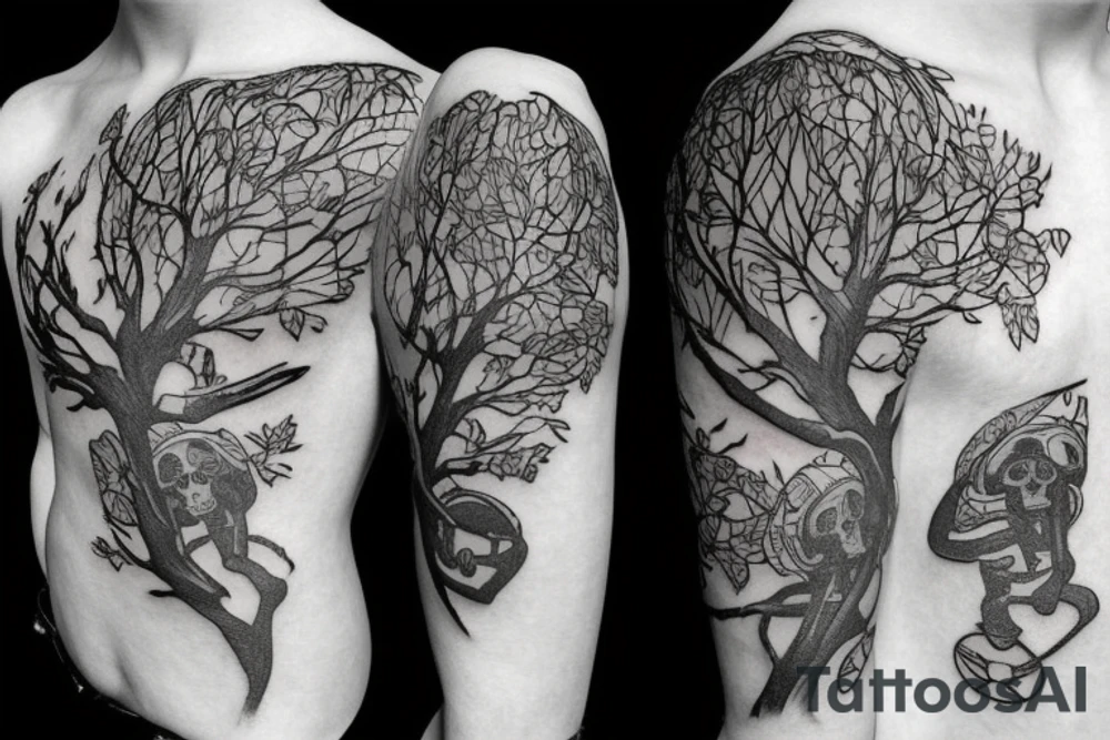 skeleton in astronaut under a tree tattoo idea