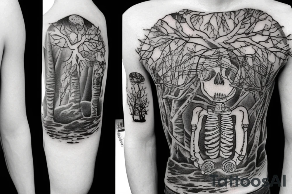 skeleton in astronaut under a tree tattoo idea