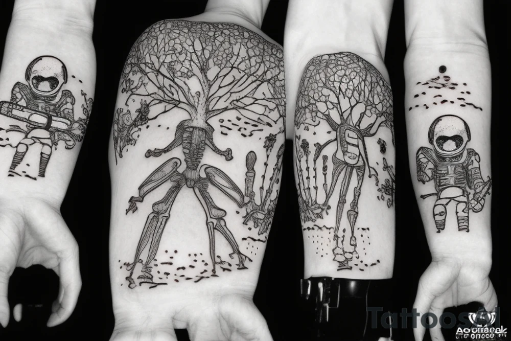 skeleton in astronaut under a tree tattoo idea