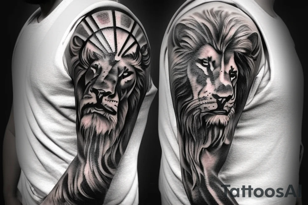 shoulder with cross of jesus mixed with a lion on the right side tattoo idea