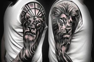 shoulder with cross of jesus mixed with a lion on the right side tattoo idea