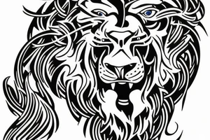 shoulder with cross of jesus mixed with a lion on the right side tattoo idea