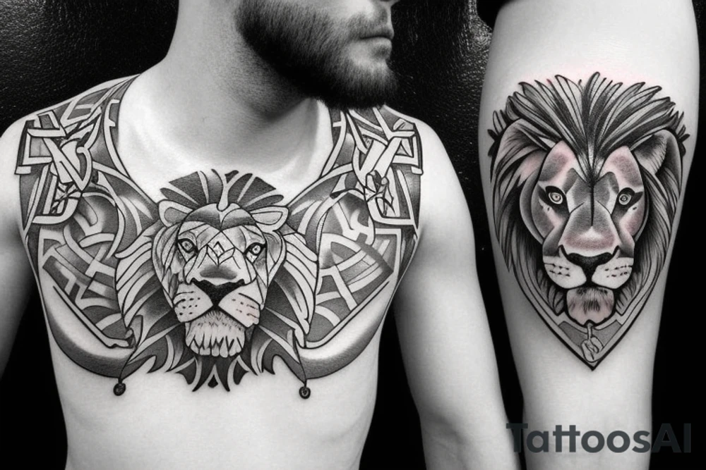 shoulder with cross of jesus mixed with a lion on the right side tattoo idea