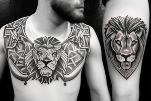 shoulder with cross of jesus mixed with a lion on the right side tattoo idea