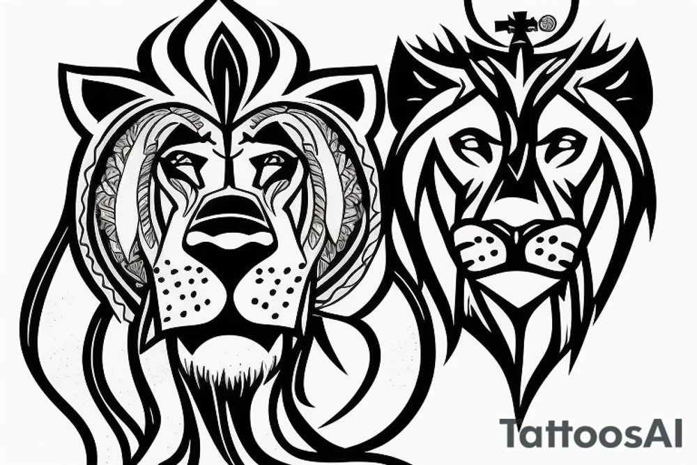 shoulder with cross of jesus mixed with a lion on the right side tattoo idea