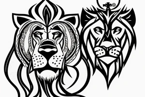 shoulder with cross of jesus mixed with a lion on the right side tattoo idea