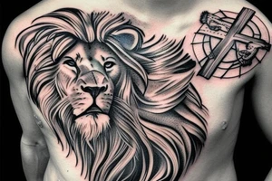 shoulder with cross of jesus mixed with a lion on the right side tattoo idea