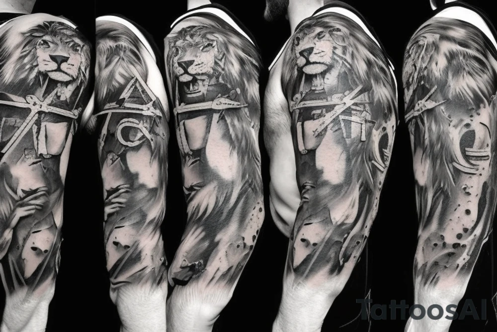shoulder with cross of jesus mixed with a lion tattoo idea