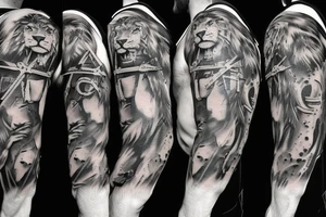 shoulder with cross of jesus mixed with a lion tattoo idea