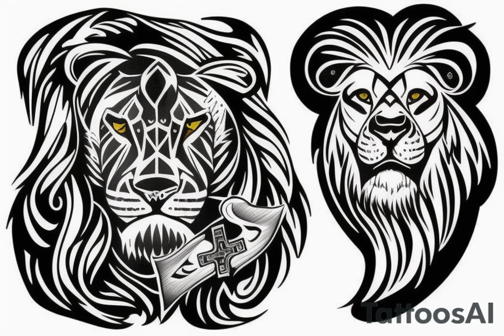 shoulder with cross of jesus mixed with a lion tattoo idea