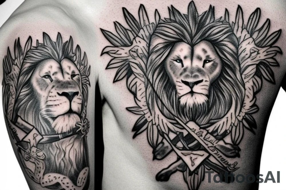 epaule avec croix de jesus melanger à une moitié de lion au cote droit tattoo idea
