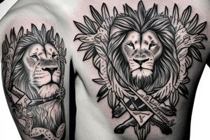 epaule avec croix de jesus melanger à une moitié de lion au cote droit tattoo idea