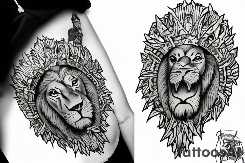 epaule avec croix de jesus melanger à une moitié de lion au cote droit tattoo idea