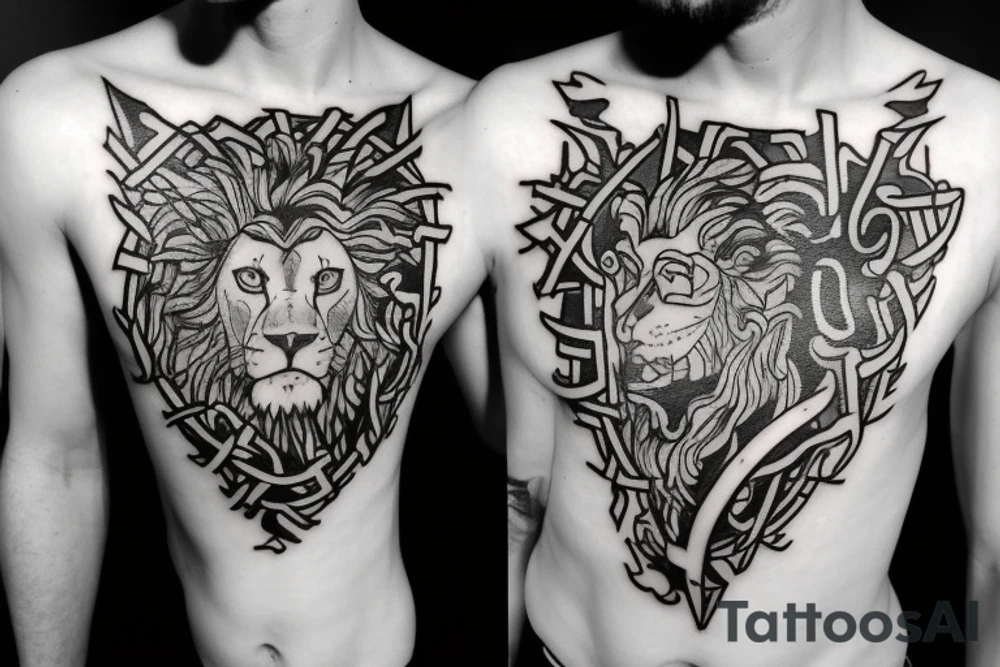 epaule avec croix de jesus melanger à une moitié de lion au cote droit tattoo idea