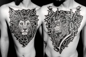 epaule avec croix de jesus melanger à une moitié de lion au cote droit tattoo idea