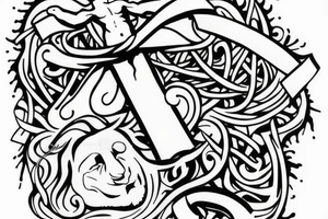 epaule avec croix de jesus melanger à une moitié de lion au cote droit tattoo idea