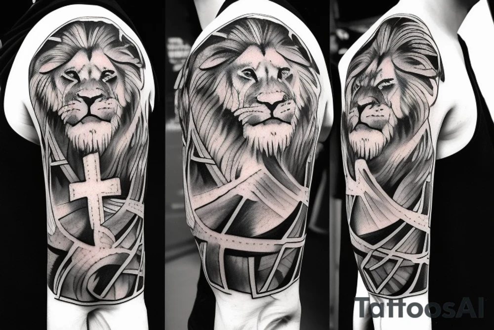 Shoulder with cross of jesus mixed with half lion on right side tattoo idea