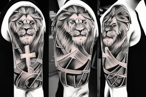 Shoulder with cross of jesus mixed with half lion on right side tattoo idea