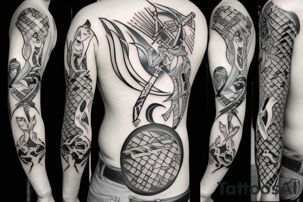a man pierces himself with a sword against the background of the moon tattoo idea
