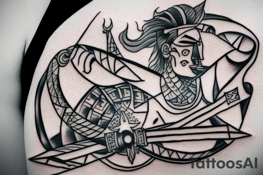 a man pierces himself with a sword against the background of the moon tattoo idea