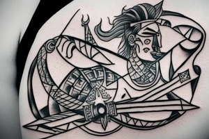 a man pierces himself with a sword against the background of the moon tattoo idea