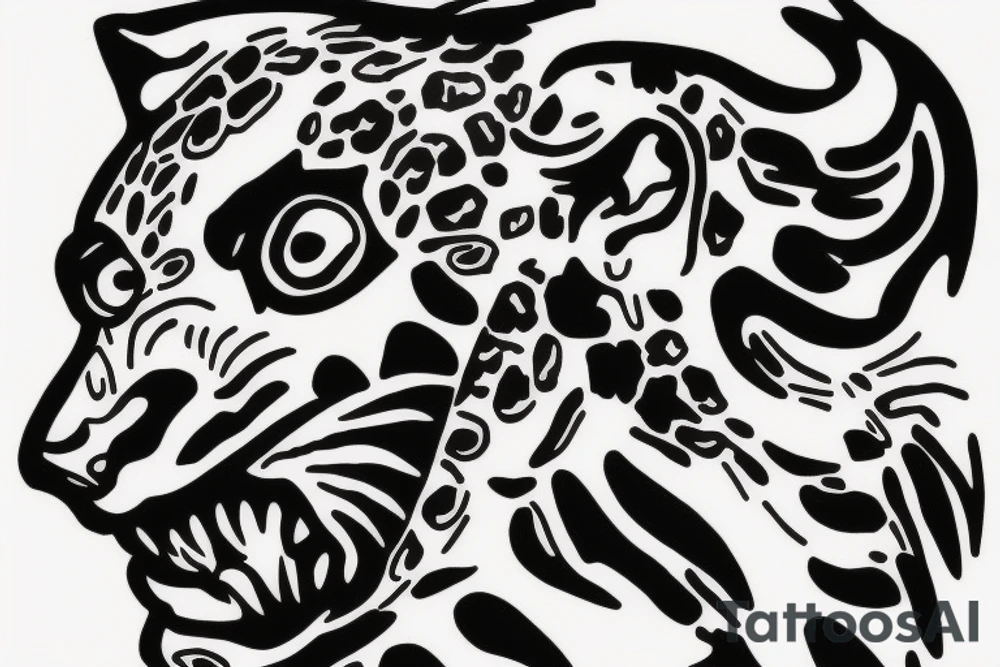 Half head jaguar half head Mexican, mountain, guns, raptors tattoo idea