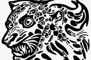 Half head jaguar half head Mexican,  mountain, guns, raptors tattoo idea