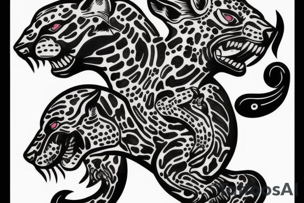 Half head jaguar half head Mexican, mountain, guns, raptors tattoo idea
