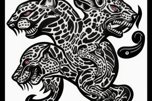 Half head jaguar half head Mexican,  mountain, guns, raptors tattoo idea