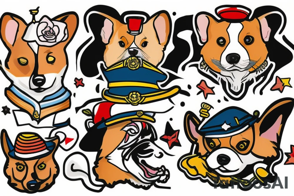 Tri color Corgi in a sailor hat tattoo idea