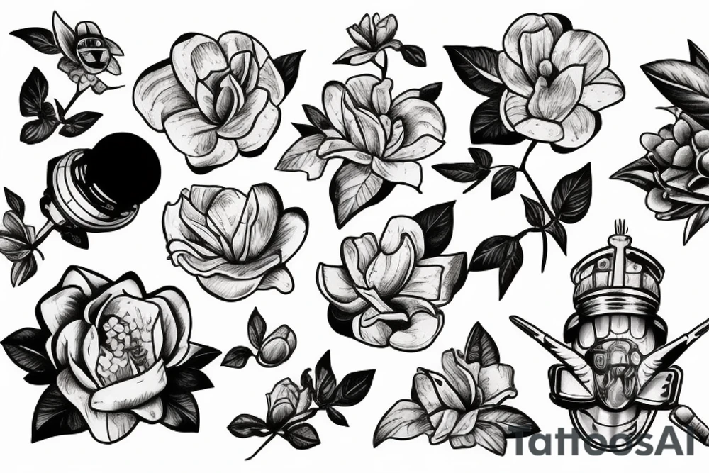 buzz lightyear, crown, and magnolia flower tattoo idea