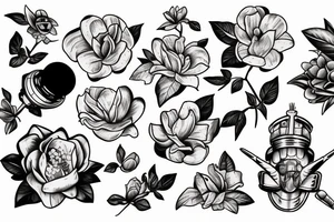 buzz lightyear, crown, and magnolia flower tattoo idea